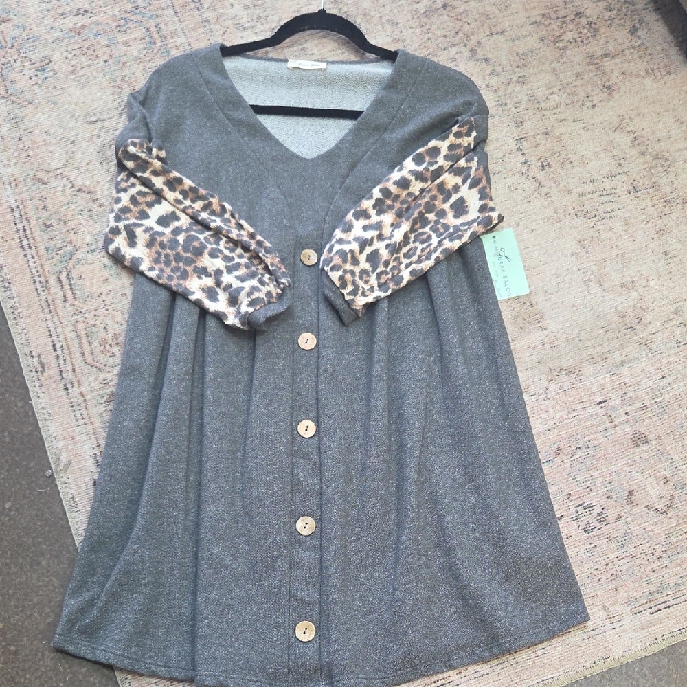 Gray Dress with Leopard Print Sleeves